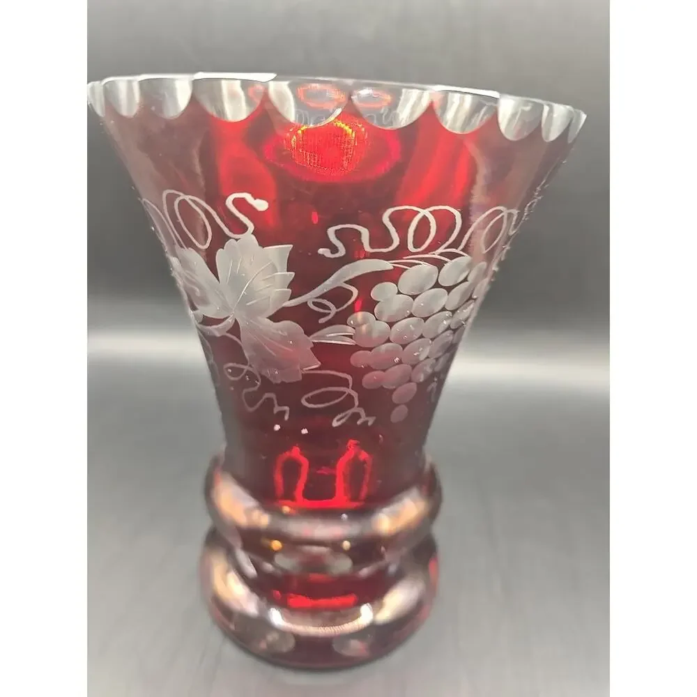 Vintage Egermann Style Ruby Cut To Clear Vase With Grapes and Vines 6